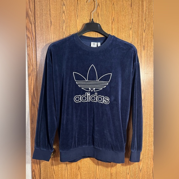 adidas Tops - Adidas Trefoil Blue Velour Crewneck Sweatshirt
